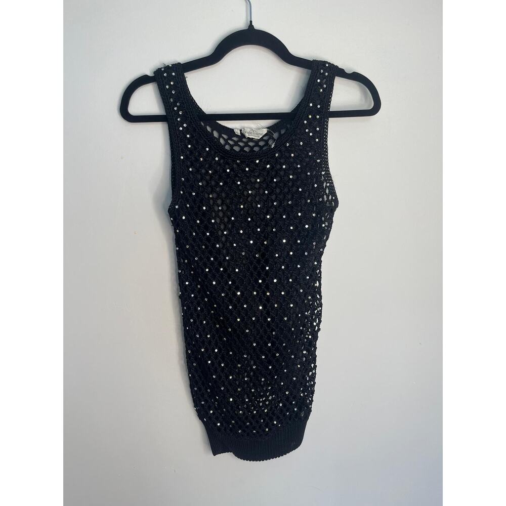 Valentino Boutique Rhinestone Tank Top‎ Women S Black Fishnet Knit Sleeveless